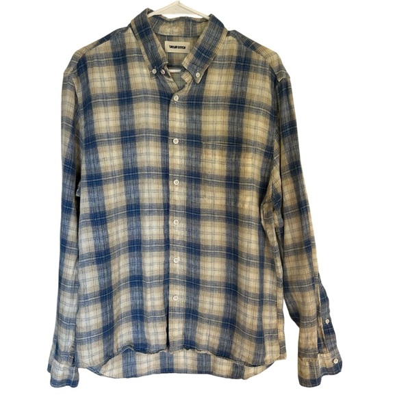 Taylor Stitch Blue and Cream Plaid Button Down Shirt 100% Linen 42 Lightweight - Picture 1 of 8